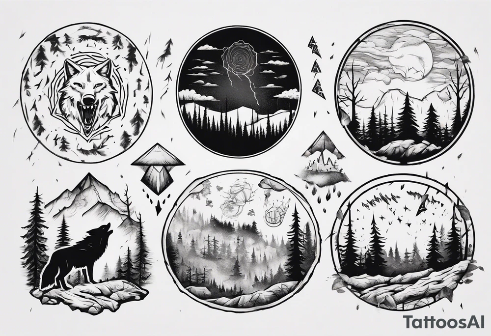 a thunder and lightning storm over a forest with a distant wolf howling and a drum circle tattoo idea a thunder and lightning storm over a forest with a distant wolf howling and a drum circle tattoo idea