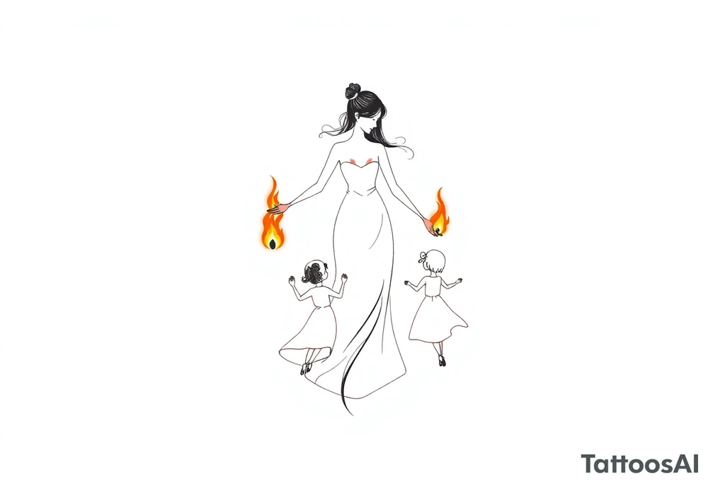 Silhouette of a mother passing 2 flames to two daughters tattoo idea