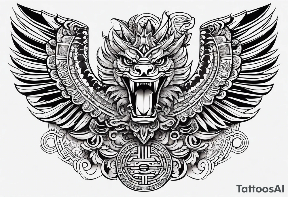 Design a masculine and fierce right chest tattoo of Quetzalcoatl, the Aztec feathered serpent god. Make Quetzalcoatl appear in mid-flight, with his powerful, feathered body coiling dynamically across the chest. His face should have sharp, intense features, with fierce, piercing eyes and serpent fangs bared. Incorporate traditional Aztec geometric patterns, like jagged lines and spirals, in the wings and tail, to emphasize strength and power. Use bold, black ink with subtle shading to give depth and texture, while ensuring the design stays sharp and aggressive. The feathers should appear sharp and stylized, giving an aura of both wisdom and danger. Refrence real illustrations in the Aztec culture tattoo idea