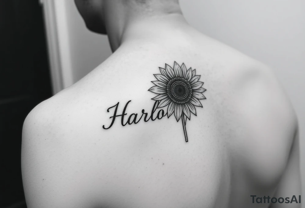 Small minimalist line art inspired by daughter name Harlow and sunflower. 3x3 tattoo idea