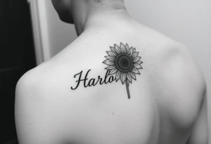 Small minimalist line art inspired by daughter name Harlow and sunflower. 3x3 tattoo idea