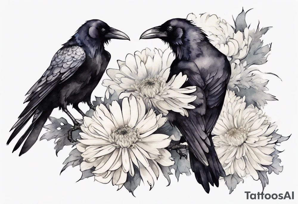 raven with a white chrysanthemum corsage tattoo idea