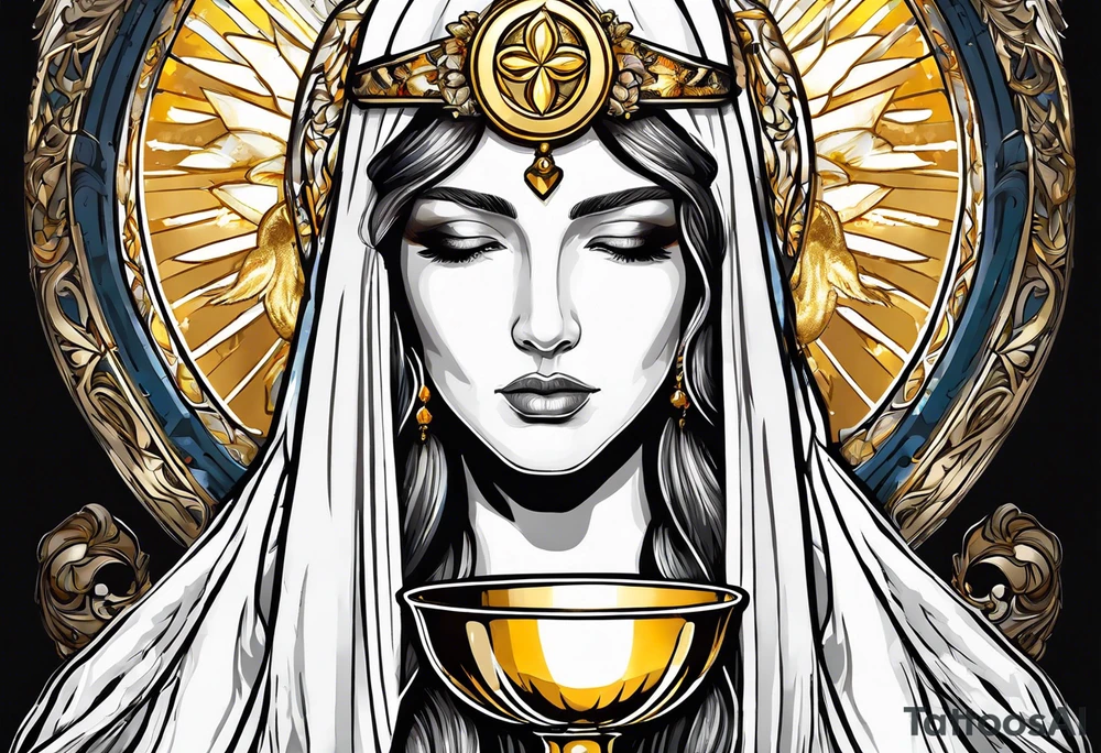holy saint woman turned away with golden halo holding a chalice tattoo idea