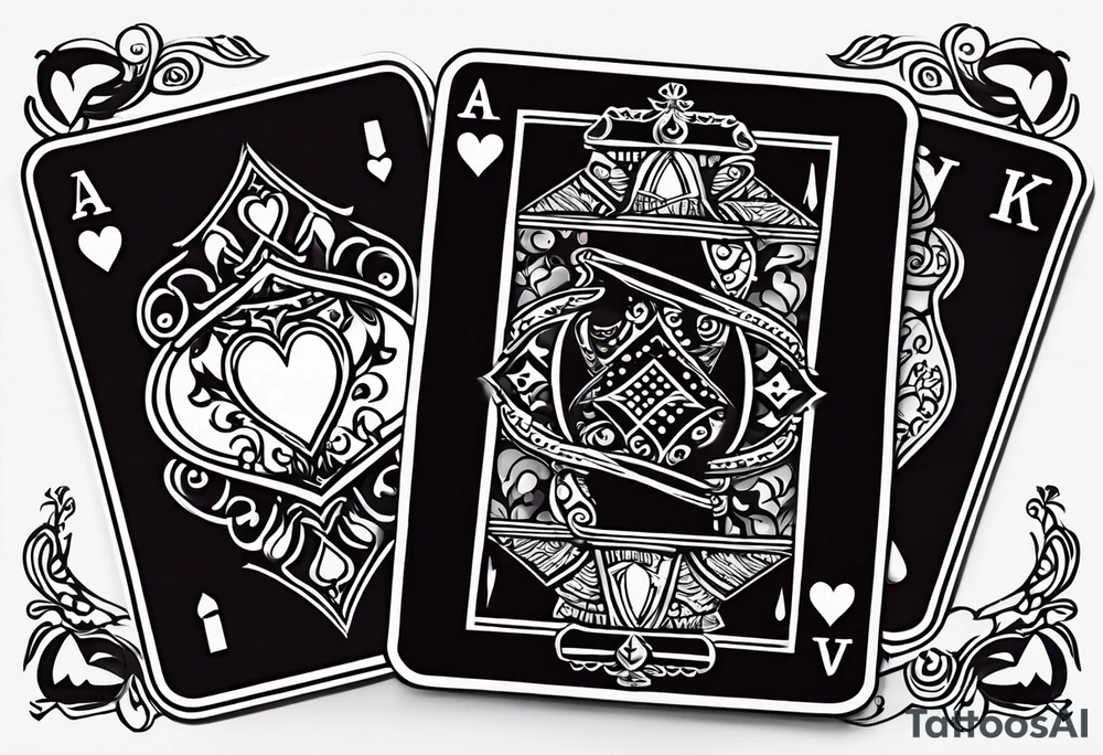 Show Two cards, king of hearts with the K in the middle of the card and hearts in the corners and the Ace of spades behind it with the A in the corner peeking from behind the king of hearts card tattoo idea