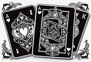 Show Two cards, king of hearts with the K in the middle of the card and hearts in the corners and the Ace of spades behind it with the A in the corner peeking from behind the king of hearts card tattoo idea