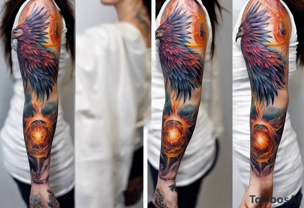 Sleeve tattoo on a woman's arm. Phoenix   with Metatron's cube tattoo idea