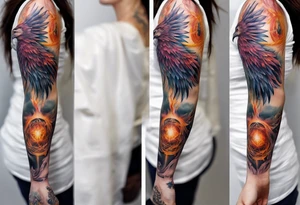 Sleeve tattoo on a woman's arm. Phoenix   with Metatron's cube tattoo idea