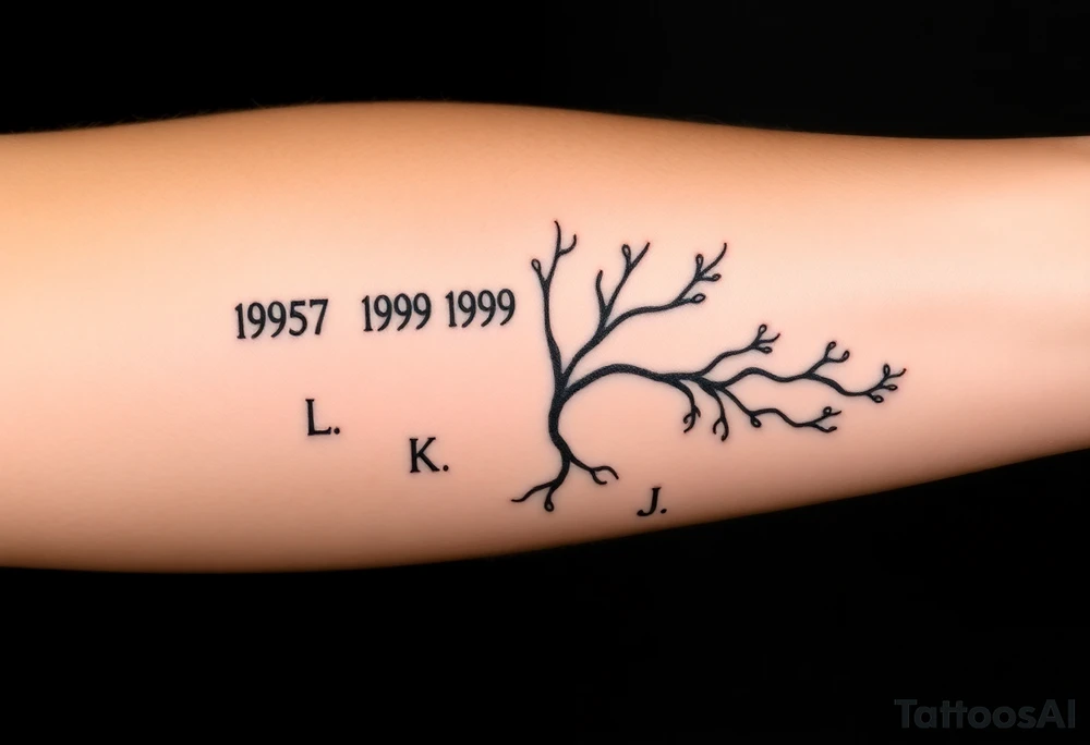 Design it like this please 
          1957 <3 
    .......................
    1980   1989   1998   2000
     L          E          K          J
For above arm crease 
Mum on top
And kids under like a family tree timeline thing tattoo idea