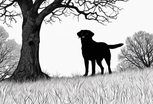 Silouette of a black lab under a simple tree. No detail on lab. Lab drawn to scale. tattoo idea