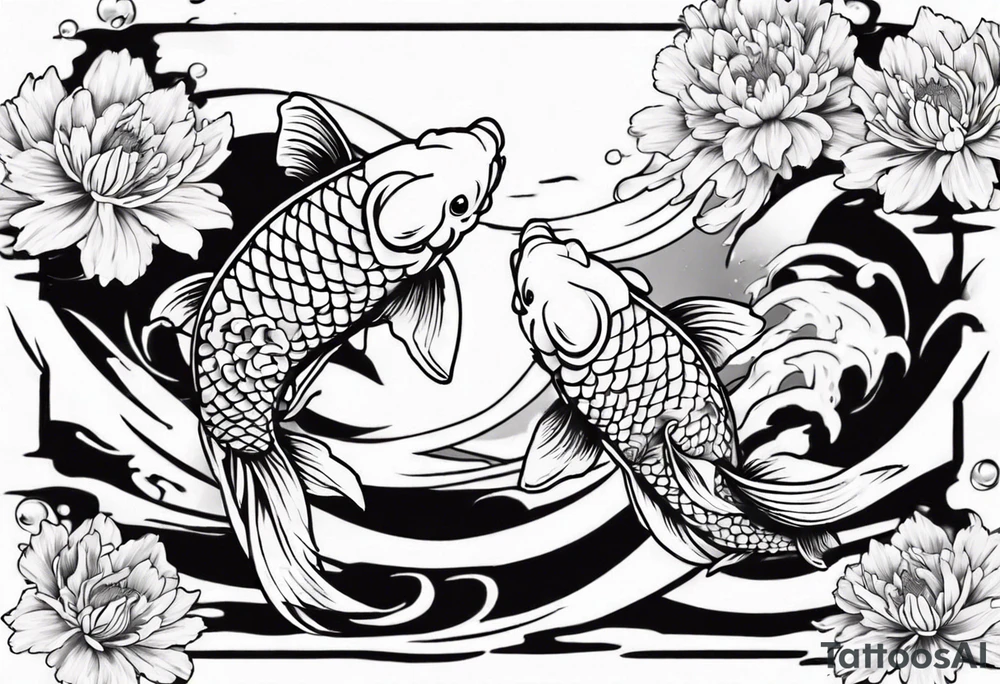 koi fish tattoo Japanese style with daffodils, chrysanthemum and waves as background tattoo idea