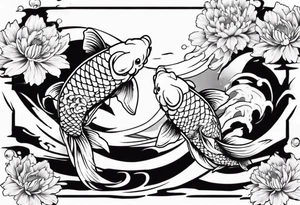 koi fish tattoo Japanese style with daffodils, chrysanthemum and waves as background tattoo idea
