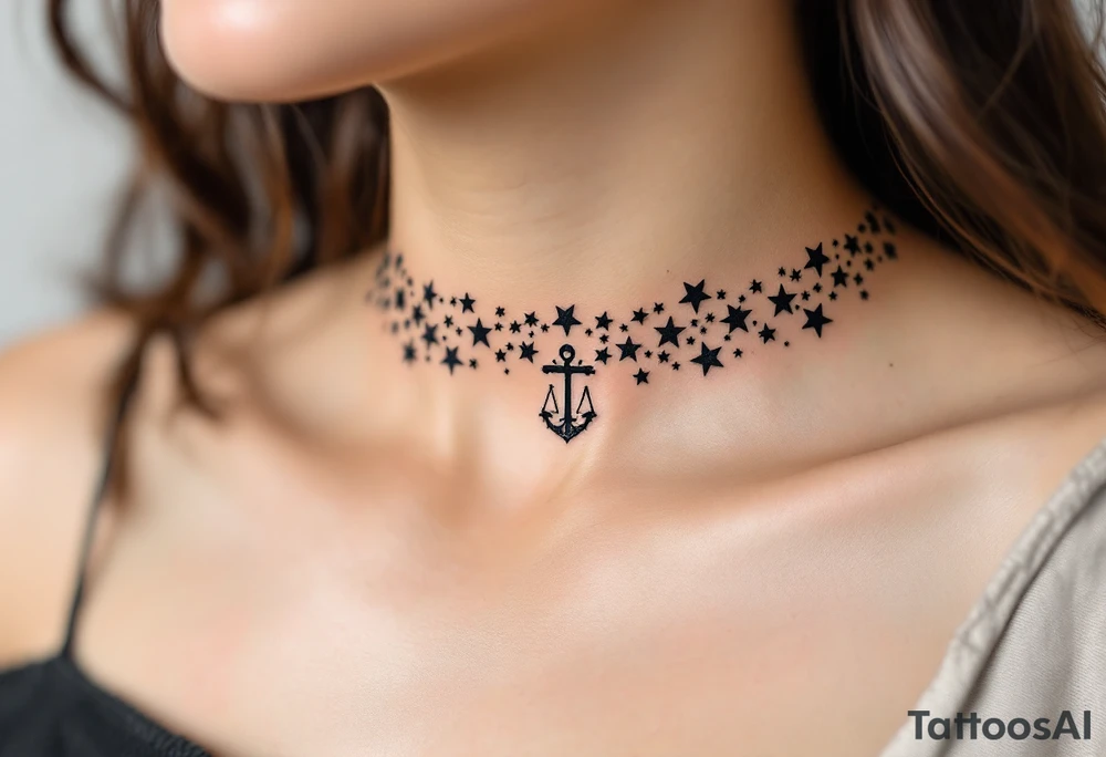 The Libra symbol in bold black anchors a silver-ink star path that arcs along the collarbone. tattoo idea