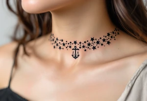 The Libra symbol in bold black anchors a silver-ink star path that arcs along the collarbone. tattoo idea