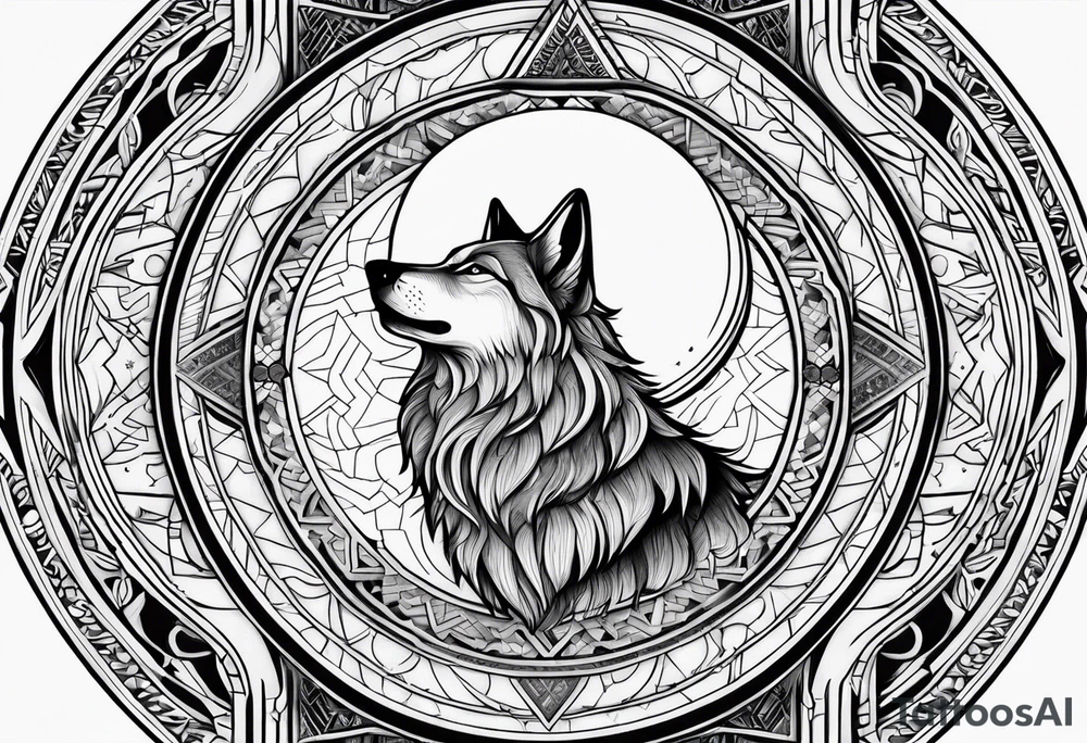 Forearm futuristic Mandala theme design with moon and wolves and arabic words tattoo idea