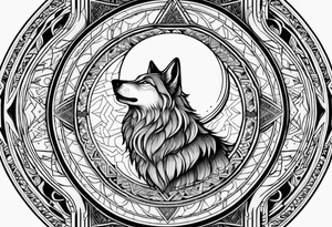 Forearm futuristic Mandala theme design with moon and wolves and arabic words tattoo idea