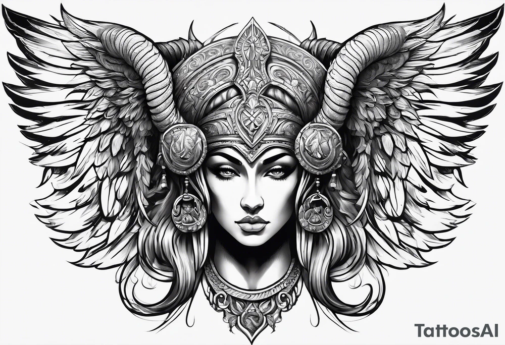 warrior figure, ram's horns, angel's wings tattoo idea