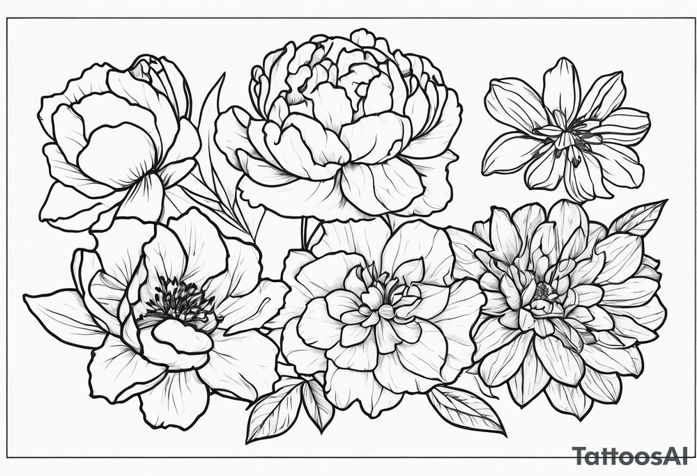 8 flowers peony, carnation, daffodil, daphne, dahlia, desiree, daisy and rose tattoo idea