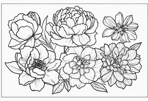 8 flowers peony, carnation, daffodil, daphne, dahlia, desiree, daisy and rose tattoo idea