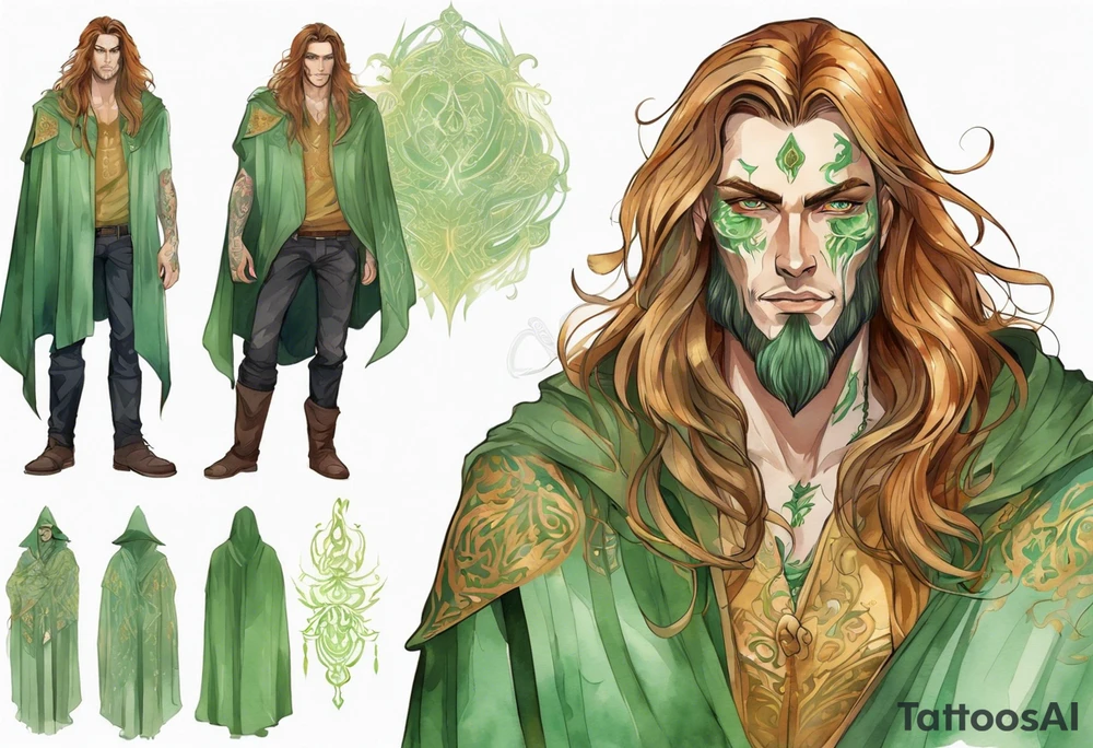 A tall beautiful man with pale green skin  with long hair of green and auburn with amber eyes wearing a gold cloak tattoo idea