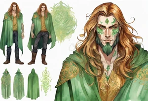 A tall beautiful man with pale green skin  with long hair of green and auburn with amber eyes wearing a gold cloak tattoo idea