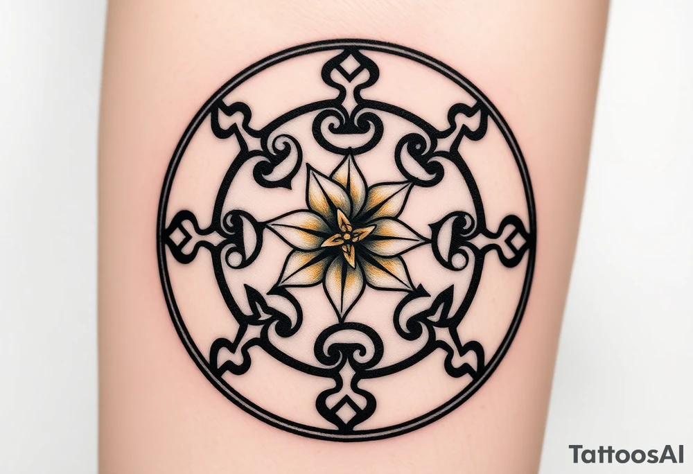 draw a circular design centered on Naruto’s iconic stomach seal—the Eight Trigrams Sealing Style, with its intricate swirls and bold lines.replace the innermost spiral with a cluster of golden lilies (Bosnian Fleur-de-lis), a symbol from the Bosnian coat of arms. These lilies could bloom outward, their petals subtly blending into the seal’s radiating lines.
Surrounding the seal, you could incorporate a faint, weathered outline of the Stari Most (Old Bridge) in Mostar, its arch curving protectively around the design. tattoo idea