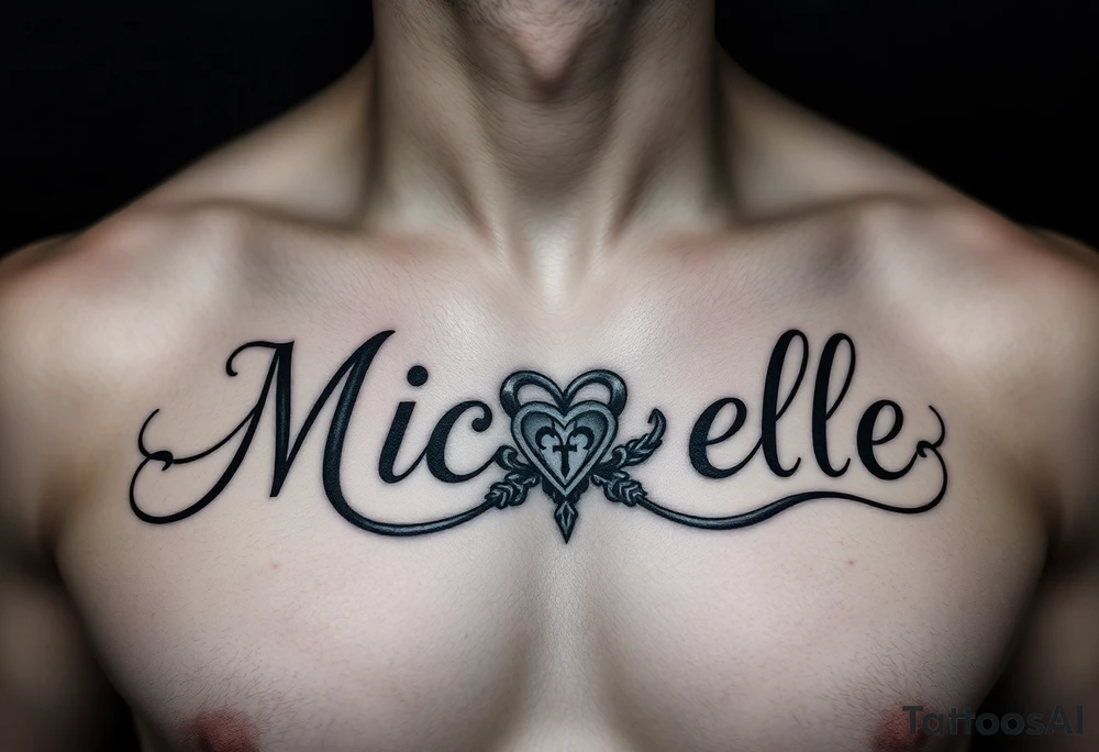 Design a tattoo for a man’s chest of a woman’s name (Michelle). Incorporate a subtle Irish Claddagh tattoo idea