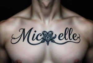 Design a tattoo for a man’s chest of a woman’s name (Michelle). Incorporate a subtle Irish Claddagh tattoo idea