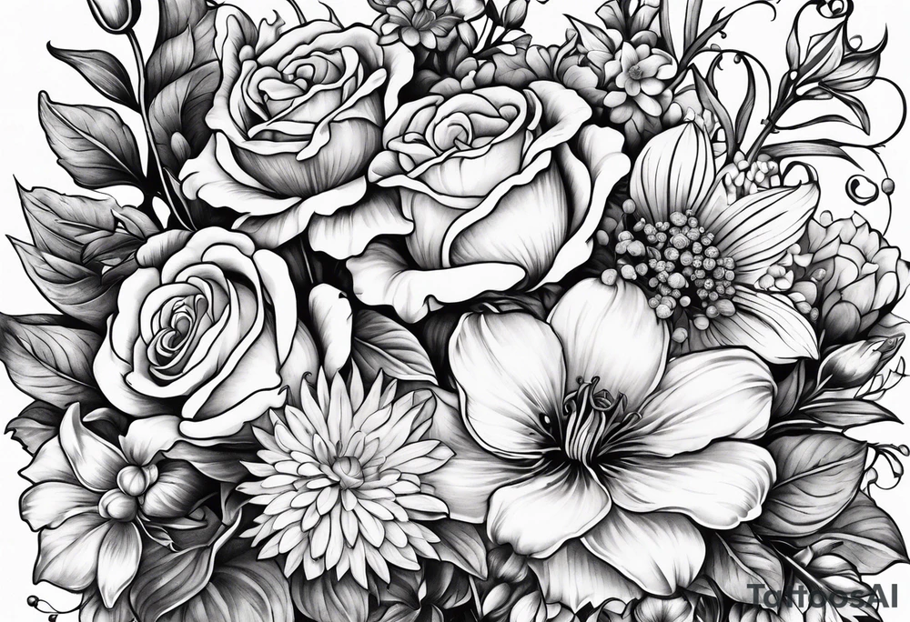 Bouquet of roses, violets, chrysanthemums, morning glories, and lily of the valley tattoo idea