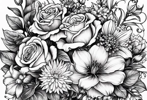 Bouquet of roses, violets, chrysanthemums, morning glories, and lily of the valley tattoo idea