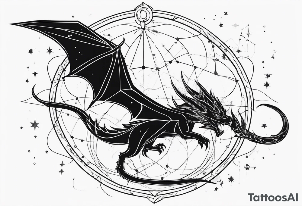 Elegant wyvern with fine lines on the background of the constellation elegant tattoo idea