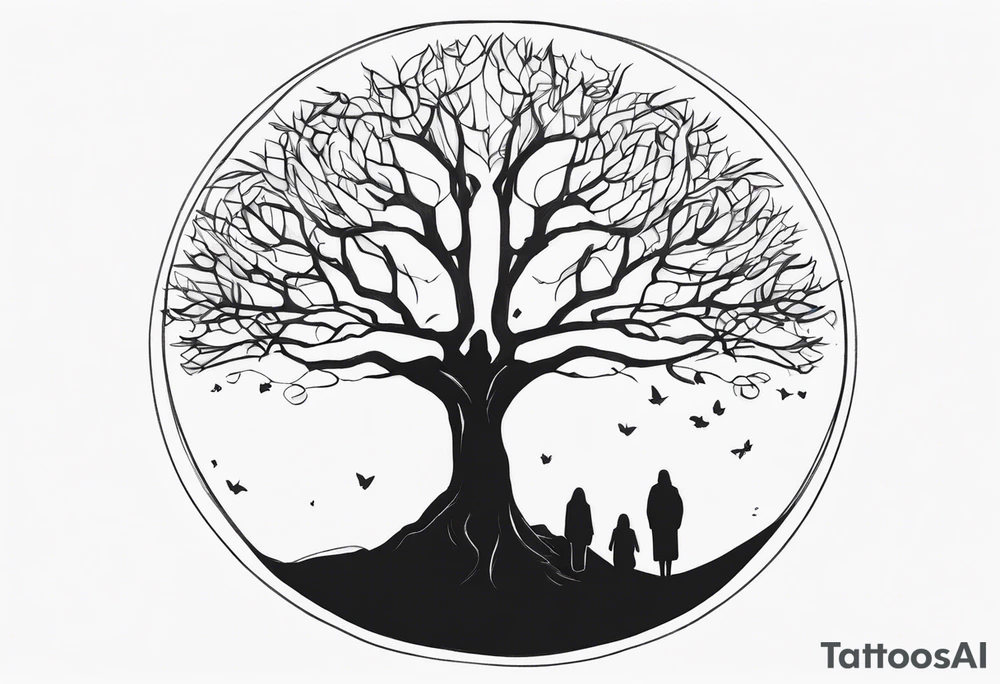 faceless, dark figures under a tree tattoo idea