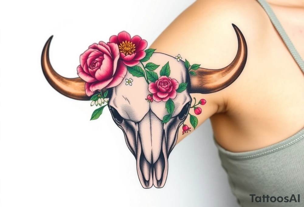 Buffalo skull with flowers. Peony, snowdrop, holly with berries, larkspur, peony. Colour. For upper arm. Masculin. 2:1 aspect

Have one peony and snowdrop above horns. Have holly with berries, larkspur, peony below horns. tattoo idea
