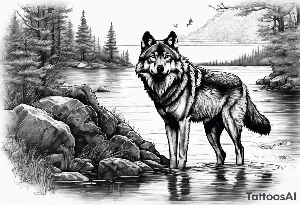 a wolf with a fisherman on a bank tattoo idea