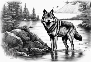 a wolf with a fisherman on a bank tattoo idea