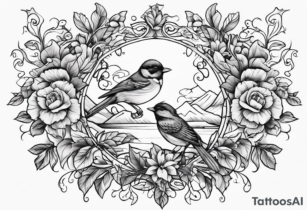 Whimsical birds and vines and leaves tattoo idea