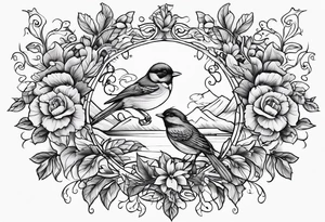 Whimsical birds and vines and leaves tattoo idea