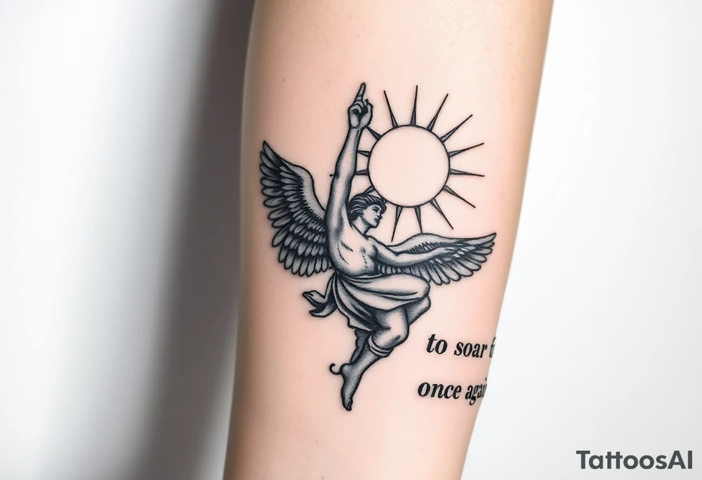 Angel falling with one hand pointed up towards a Greek like sun, with top left saying “you only fall” and the bottom right saying “to soar once again” with the font matching the majesty of the angel and sun. tattoo idea