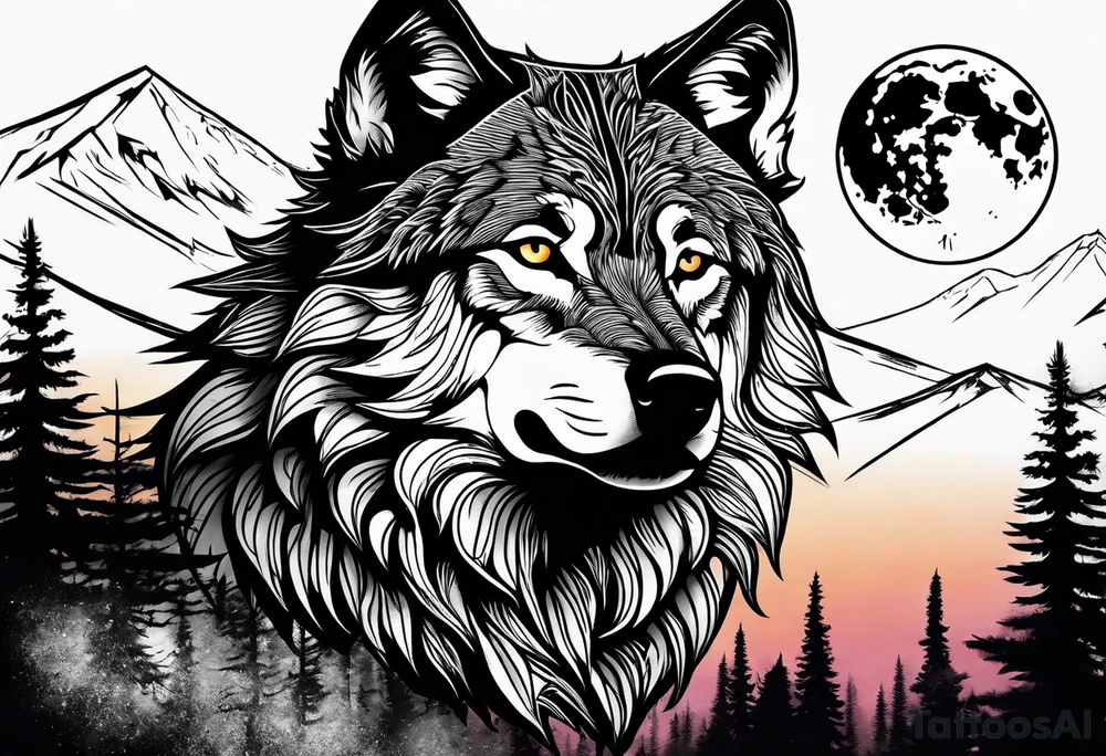 Wolf wearing sunglasses
Mountain peaks
Dark forest
Sunset
Moon tattoo idea
