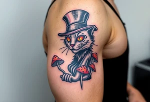 coloured cheshire cat, with top hat and mushrooms tattoo idea