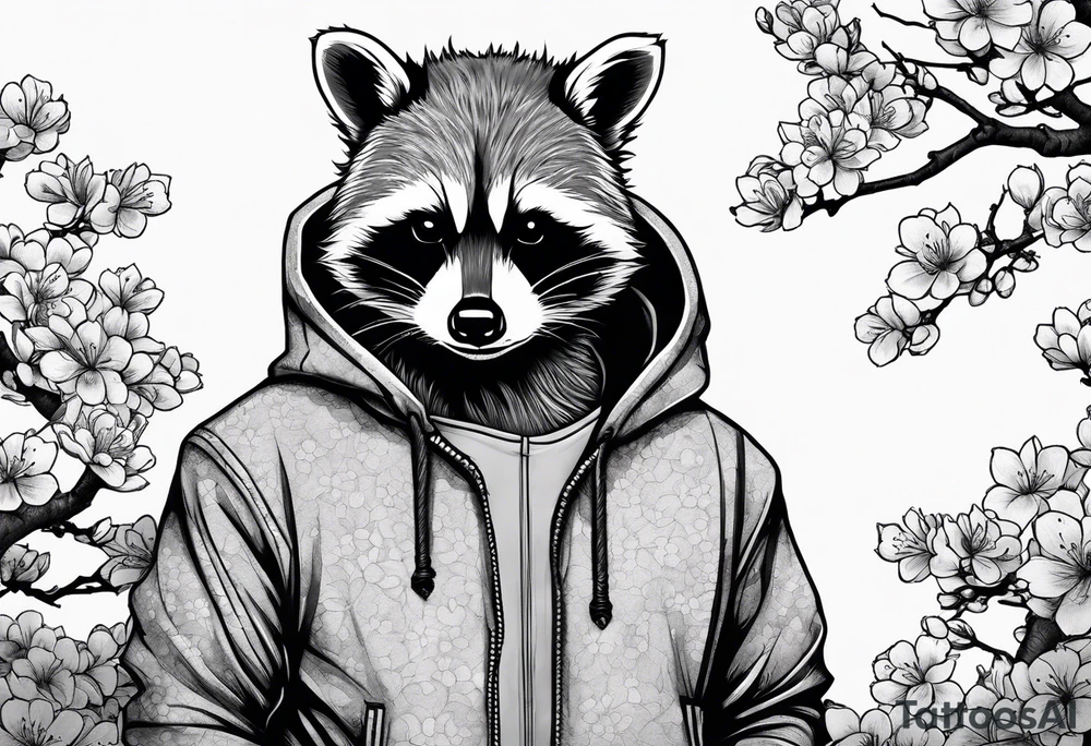 Raccoon wearing a Superman hoodie and Japanese cherry blossoms tattoo idea