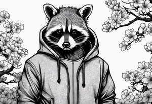 Raccoon wearing a Superman hoodie and Japanese cherry blossoms tattoo idea