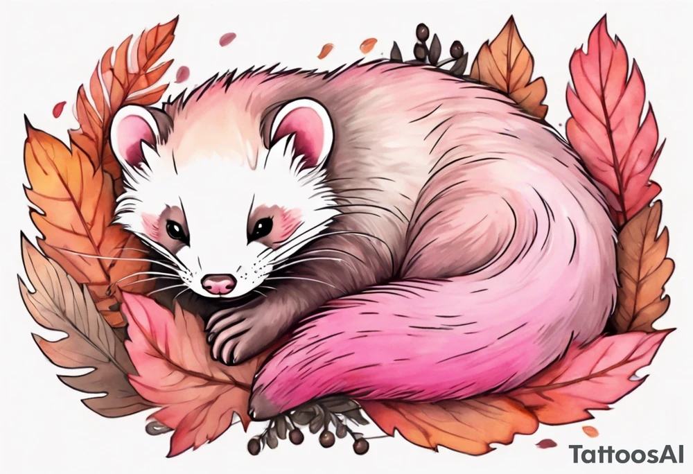 a ferret with pink fur and pink ears sleeping in the autumn forest tattoo idea