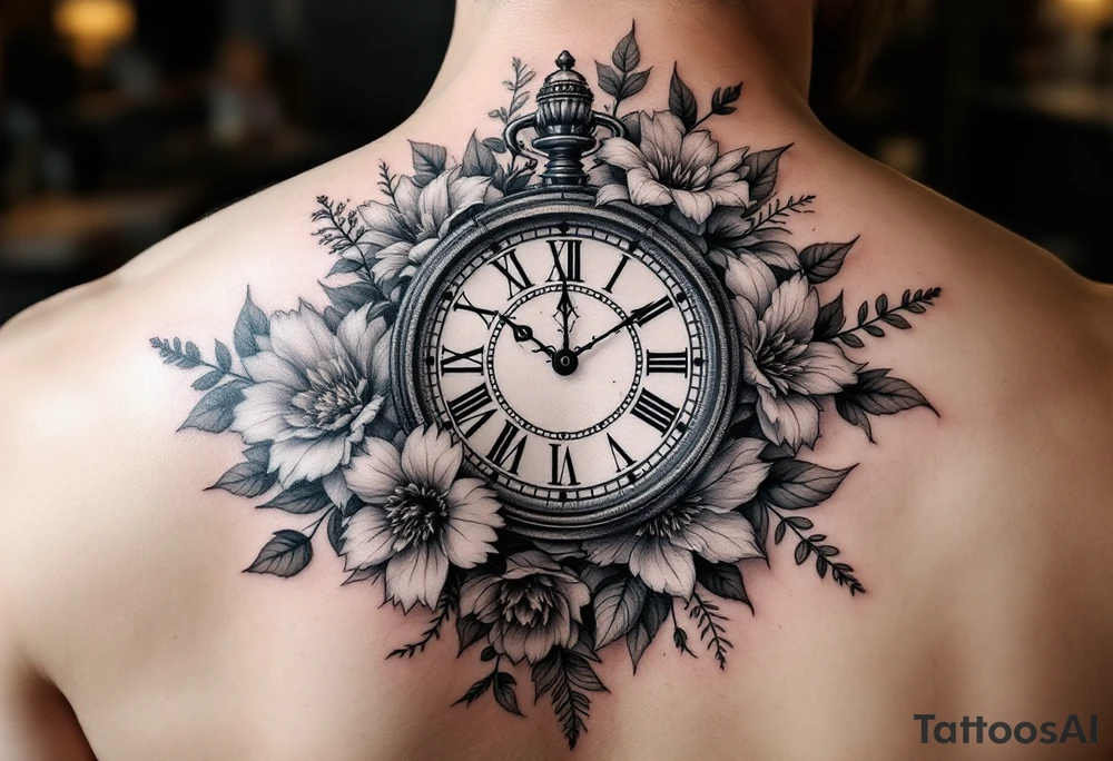 Clock and flowers tattoo idea