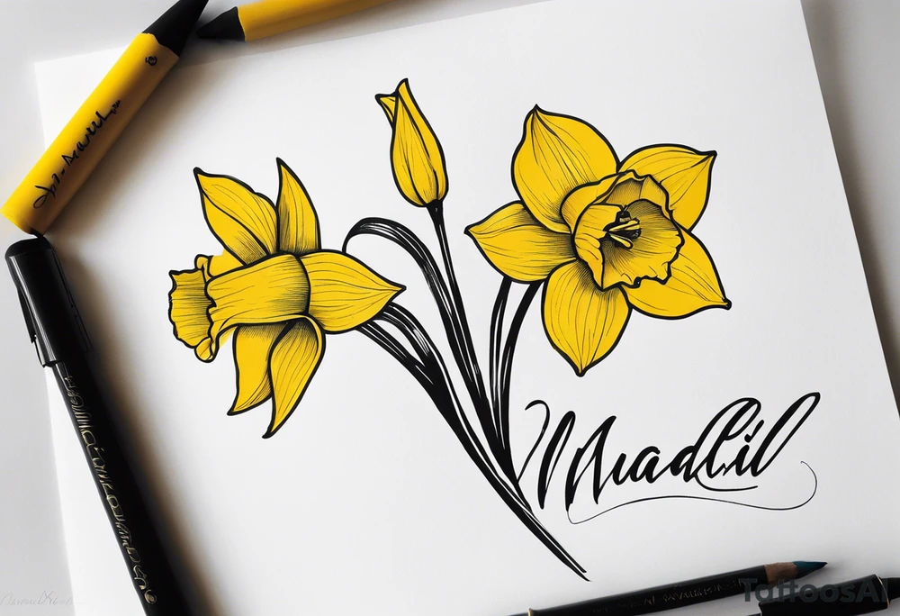 A minimalist tattoo design: Two daffodil flowers drawn with yellow lines, both blossoming from a single stem. The stem of the daffodils extends downward and is designed to form the word ‘muadil’ in cursive handwriting, so that the stem and the writing appear as a unified whole tattoo idea