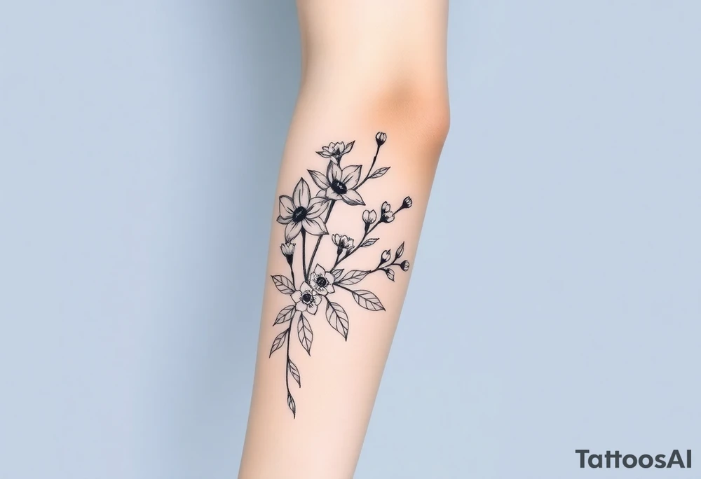 starting from a band mid forearm, narcissus flowers and holly flowers going up the arm tattoo idea