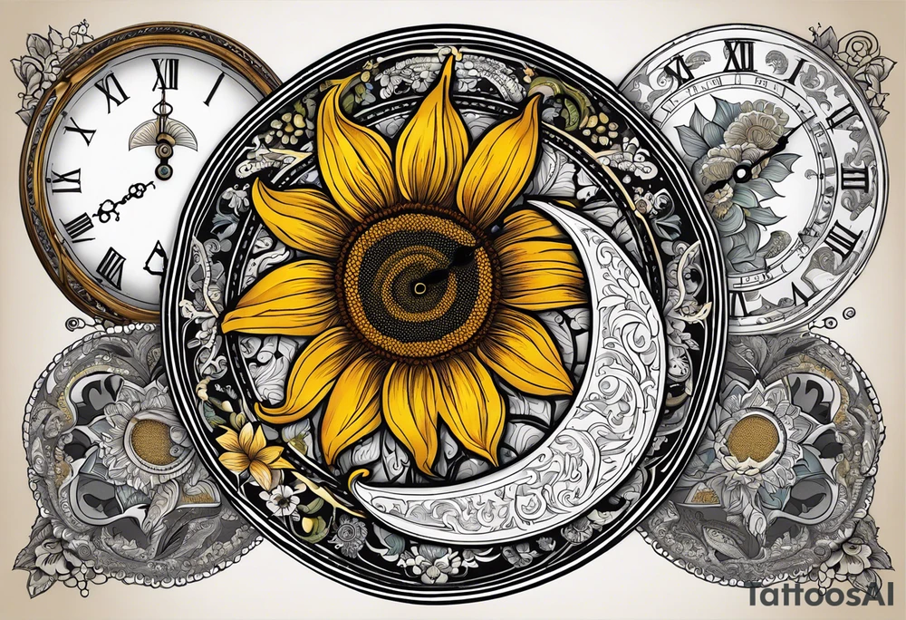 Sunflower, paisley, moon, 3 old fashioned pocket watches, witch tattoo idea