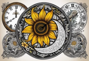 Sunflower, paisley, moon, 3 old fashioned pocket watches, witch tattoo idea