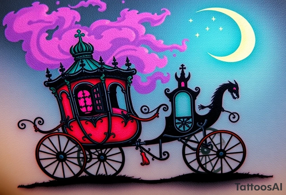 Tim Burton’s haunted victorian carrage is riding in the night and dripping with muted reds, dusty pinks, and eerie green glow.purple and cyan smokey clouds swirl in the crescent moonlit sky thats sprinkled with stars tattoo idea tattoo idea