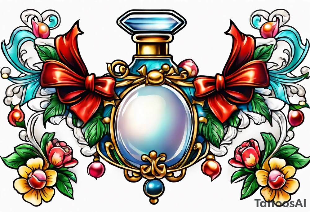 Pearl necklace wrapped around 1950s perfume bottle with flowers and bows surrounding tattoo idea