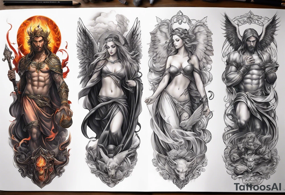 heaven with angels, hell with demons, full arm sleeve tattoo idea